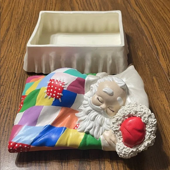 Ceramic Santa Sleeping Under Colorful Quilt Trinket Box with Removable Lid - Picture 5 of 7
